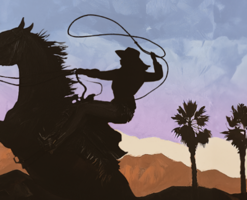 An illustration of a cowgirl on a horse at sunset